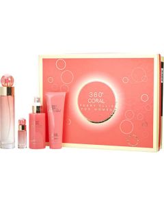 Perry Ellis 360 Coral Perfume Gift Set for Women - EDP 3.4oz, Body Mist 4oz, Shower Gel 3oz & Mini EDP 0.25oz