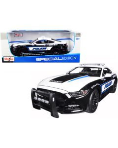 Maisto 2015 Ford Mustang GT 5.0 Police Car - 1:18 Scale Diecast Model - Black & White with Blue Stripes