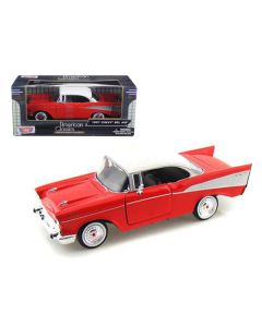Motormax 1957 Chevrolet Bel Air Red/White Top 1/24 Diecast Model Car (MPN: 73228r) - Authentic Replica