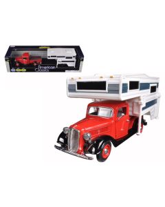 Motormax 1937 Ford Pickup Truck with Camper Shell, Red & White, 1/24 Scale Diecast Model