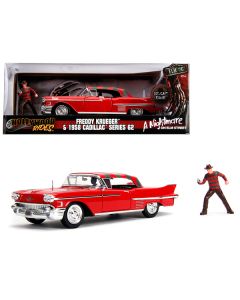 Jada 1958 Cadillac Series 62 Red with Freddy Krueger Figurine - 1/24 Scale Diecast Model Car