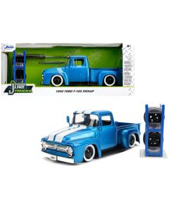 Jada 1956 Ford F-100 Pickup Truck - Blue Metallic, White Stripes, Extra Wheels - 1/24 Diecast Model
