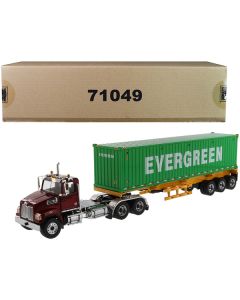 Western Star 4700 SB Metallic Red Truck with Skeleton Trailer & Evergreen Container - 1/50 Scale Diecast Model