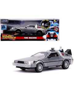 Jada DeLorean Time Machine - Brushed Metal Flying Version - Back to The Future Part II - 1/24 Scale Diecast with Lights