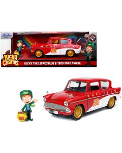 Jada 1959 Ford Anglia Red & White "Lucky Charms" 1/24 Diecast Model Car with Lucky the Leprechaun Figurine
