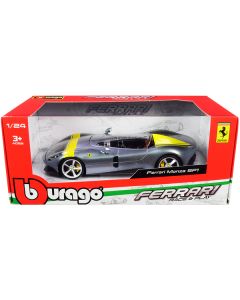 Bburago Ferrari Monza SP1: Silver Metallic with Yellow Stripes - 1/24 Scale Diecast Model Car