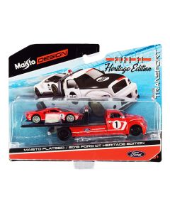 Maisto 2018 Ford GT #1 Heritage Edition & Flatbed Truck - Red/White, 1/64 Scale