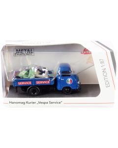 Schuco Hanomag Kurier Transporter "Vespa Service" - Blue w/ 2 Vespas (Green & Cream) - 1/87 Scale Diecast Model