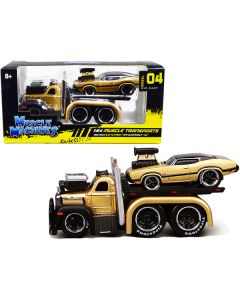 Muscle Machines: 1953 Mack B-61 Flatbed Truck Gold with 1970 Oldsmobile 442 Gold/Black - 1/64 Scale Diecast Set