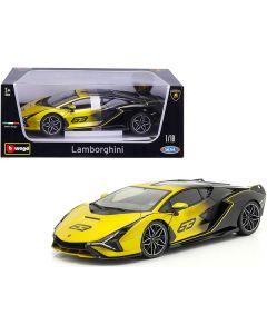 Bburago Lamborghini Sian FKP 37 #63 - 1/18 Scale Diecast Model Car - Yellow Metallic & Black