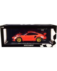 Minichamps 1:18 Porsche 911 GT2RS (991.2) Weissach - Orange, Carbon Stripes, Golden Wheels - Limited Edition