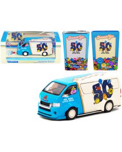 Tarmac Works Toyota Hiace Widebody Van - Mr. Men Little Miss 50th Anniversary Edition with Metal Oil Can - 1/64 Scale Diecast Model