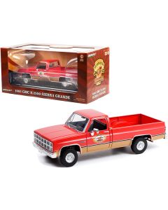 Greenlight 1982 GMC K-2500 Sierra Grande Wideside Pickup Truck with Trailer Hitch, Red "Busted Knuckle Garage" - 1/18 Scale Diecast