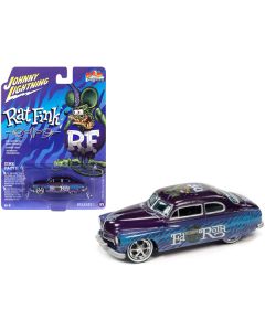 Johnny Lightning 1949 Mercury Coupe Custom - Purple Metallic Rat Fink Graphics 1/64 Diecast Model Car
