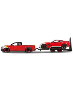 Maisto Elite Transport: 2017 Chevy Colorado ZR2 & 2015 Corvette Z06 with Flatbed Trailer, 1/24 Scale Diecast Set - Red