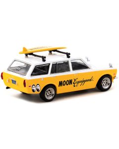 Tarmac Works Datsun Bluebird 510 Wagon MOON Equipped - Yellow/White, Surfboard, Roof Rack - 1/64 Scale Diecast