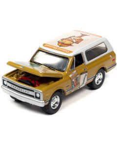Johnny Lightning 1970 Chevy Blazer - Mustard Yellow, White Top - 1/64 Diecast Model Car w/ Collector's Poker Chip