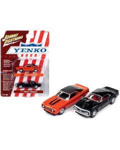 Johnny Lightning 1969 Chevy Camaro Hugger Orange & 1967 Camaro Yenko Black/White Stripe - 1/64 Diecast 2-Car Set