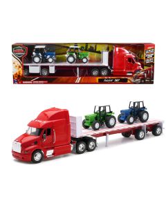 New Ray Peterbilt 387 Flatbed Truck with 2 Farm Tractors - 1/32 Scale Diecast Model