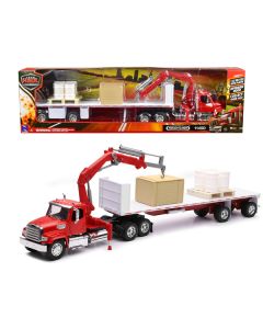 New Ray Freightliner 114SD Flatbed Truck with Crane - 21.75" Diecast Model - Red