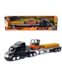 New Ray Peterbilt 387 Black Flatbed Truck with Forklift & Hay Bales - 1/43 Diecast Model
