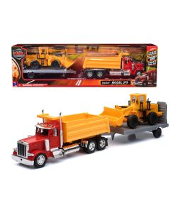 New Ray Peterbilt 379 Red Dump Truck & Yellow Wheel Loader with Flatbed Trailer - 1/32 Scale Diecast