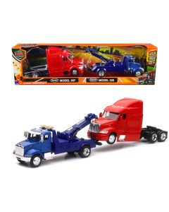 New Ray Peterbilt Tow Truck & Cab Set - 1/43 Scale Diecast - Blue Tow Truck & Red Cab