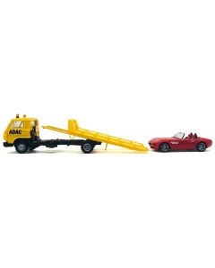 Promotex Flatbed Tow Truck "ADAC" Yellow & BMW Z4 Convertible Red - 1/87 HO Scale Model Car Set